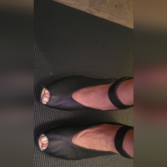 Black London Fly Wedge Sandals peeptoe black leather size 38 - Picture 3 of 5